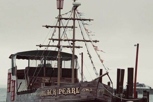 pirate-themed boat named "Black Pearl" docked at a pier.